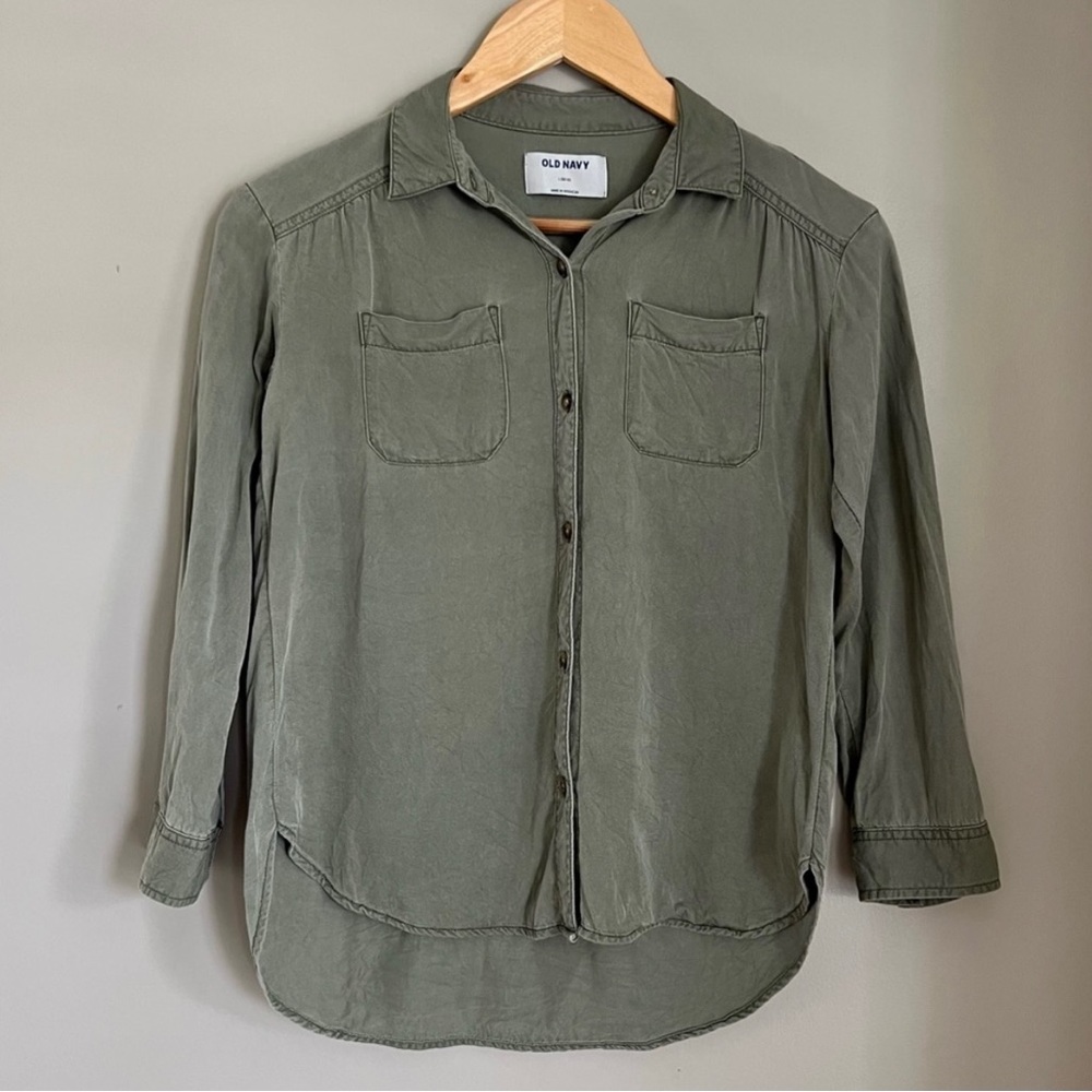 Girls Olive Green Long Sleeve Button Down Blouse